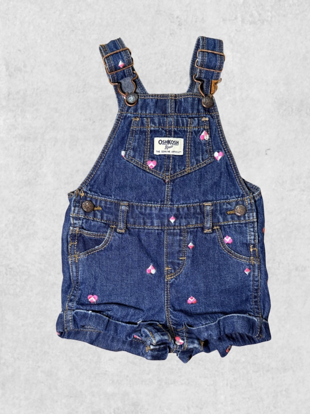 OshKosh B'gosh Dark Blue Denim Short Overalls with Pink Heart Embroidery (6-9mo)
